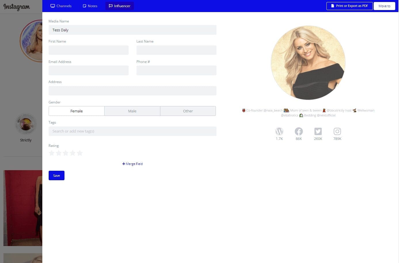 Tess Daly_Upfluence Chrome extension_influencer breakdown