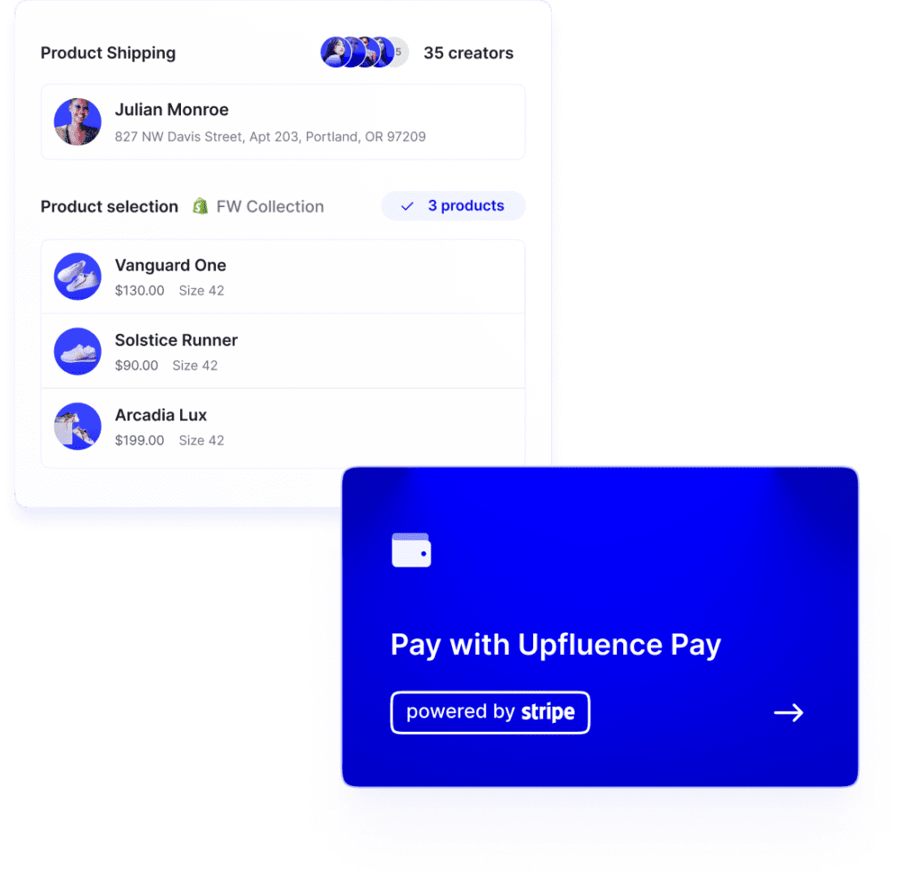 Illustration of Upfluence's product gifting and one-click pay feature