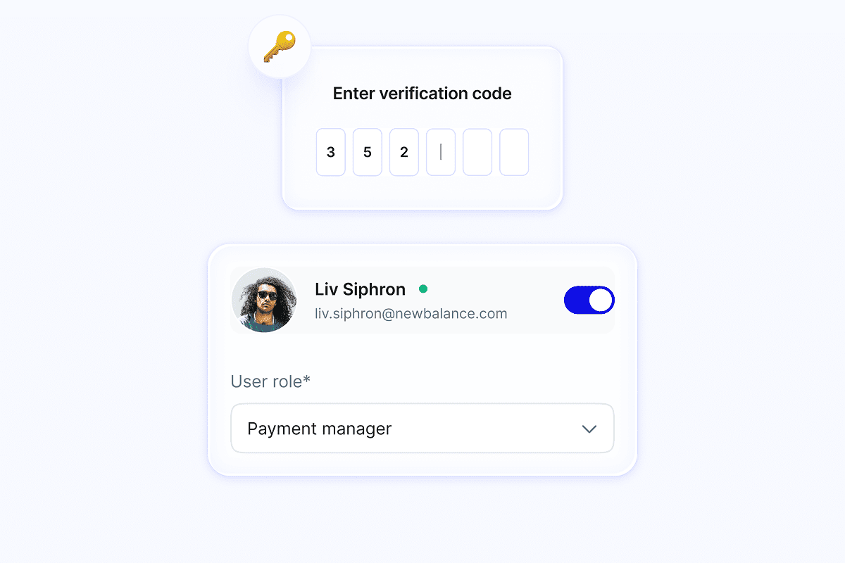 Illustration of Upfluence Pay simple feature: 2FO security with a simple code, and a simple interface for role management with just one dropdown.