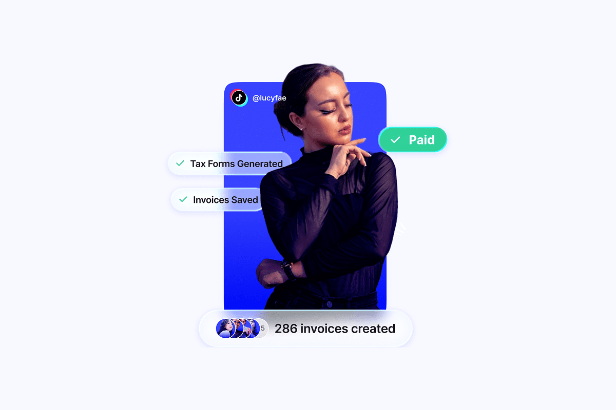 Illustration of Upfluence Pay tax form feature's UI, with a simple one click checkbox top generate tax forms and invoices